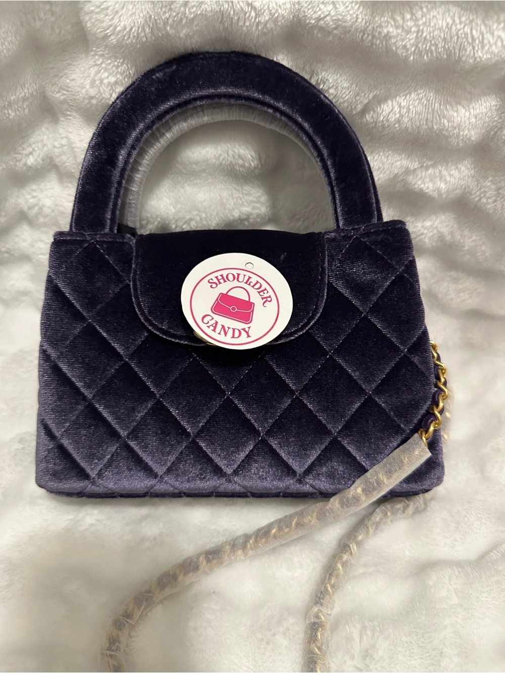 Quilted Velvet Top-Handle Bag in Deep Purple with Heart Accent